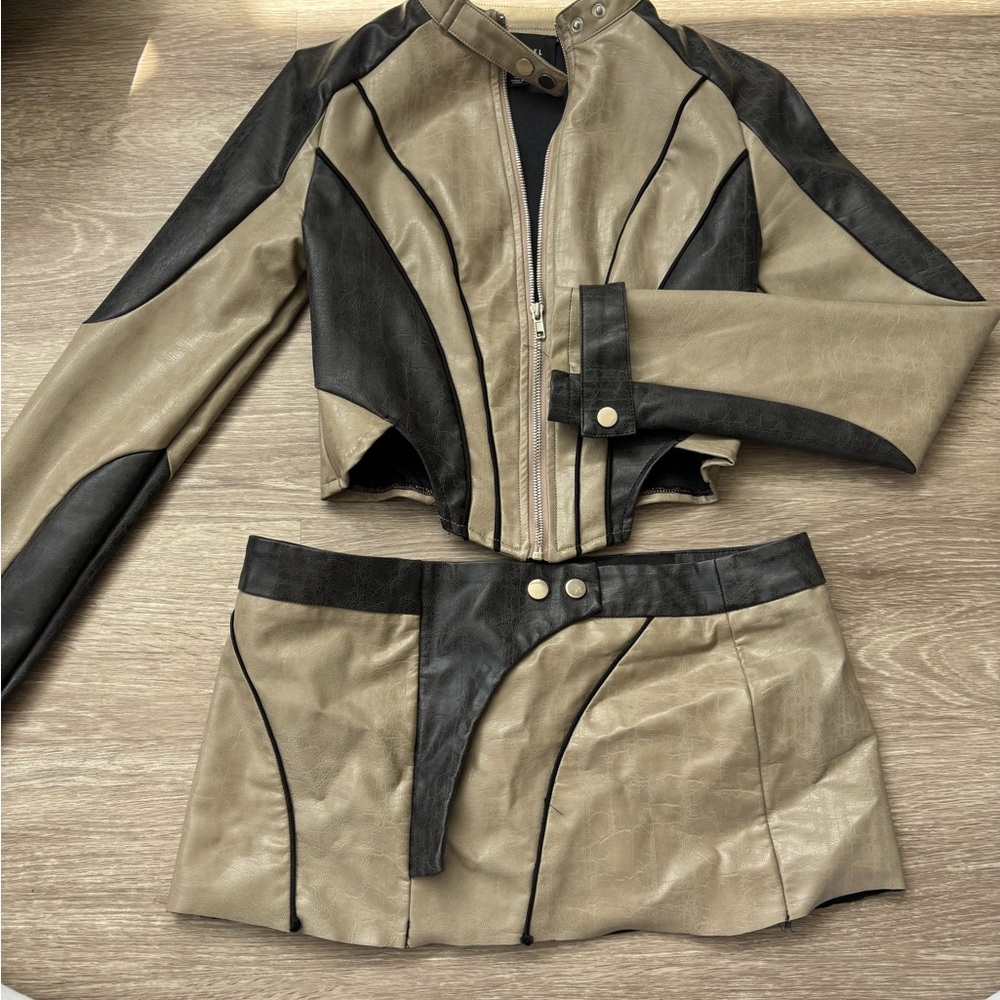 PrettyLittleThing Tan and Black Leather Jacket